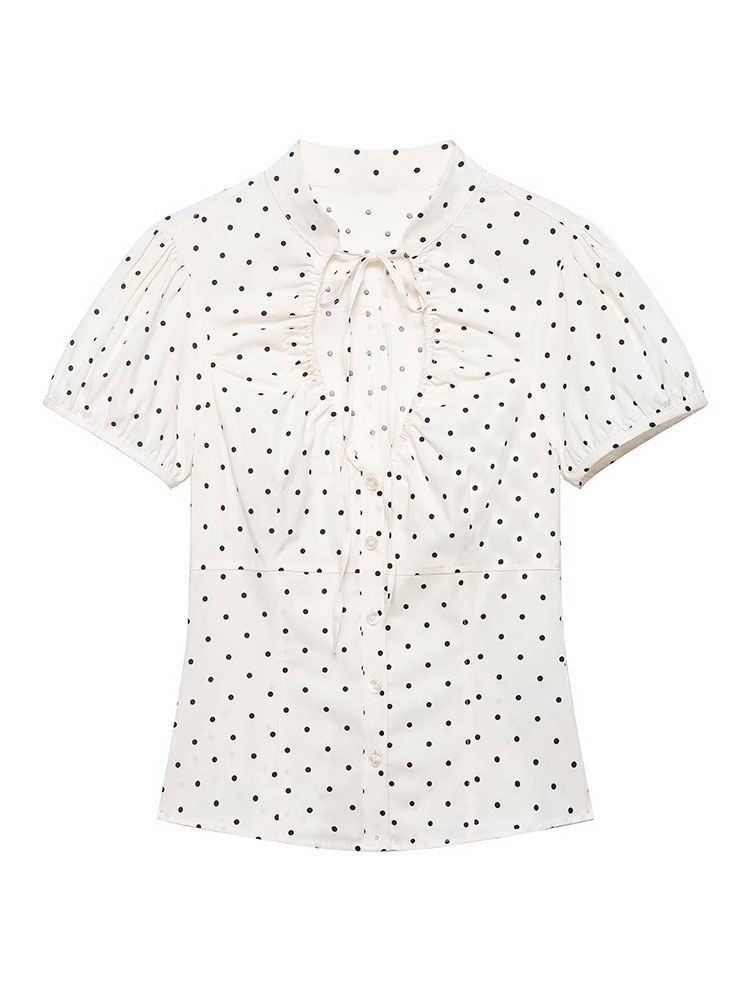 Women Formal Wear White Shirt - Винтажная женская белая блузка в горошек