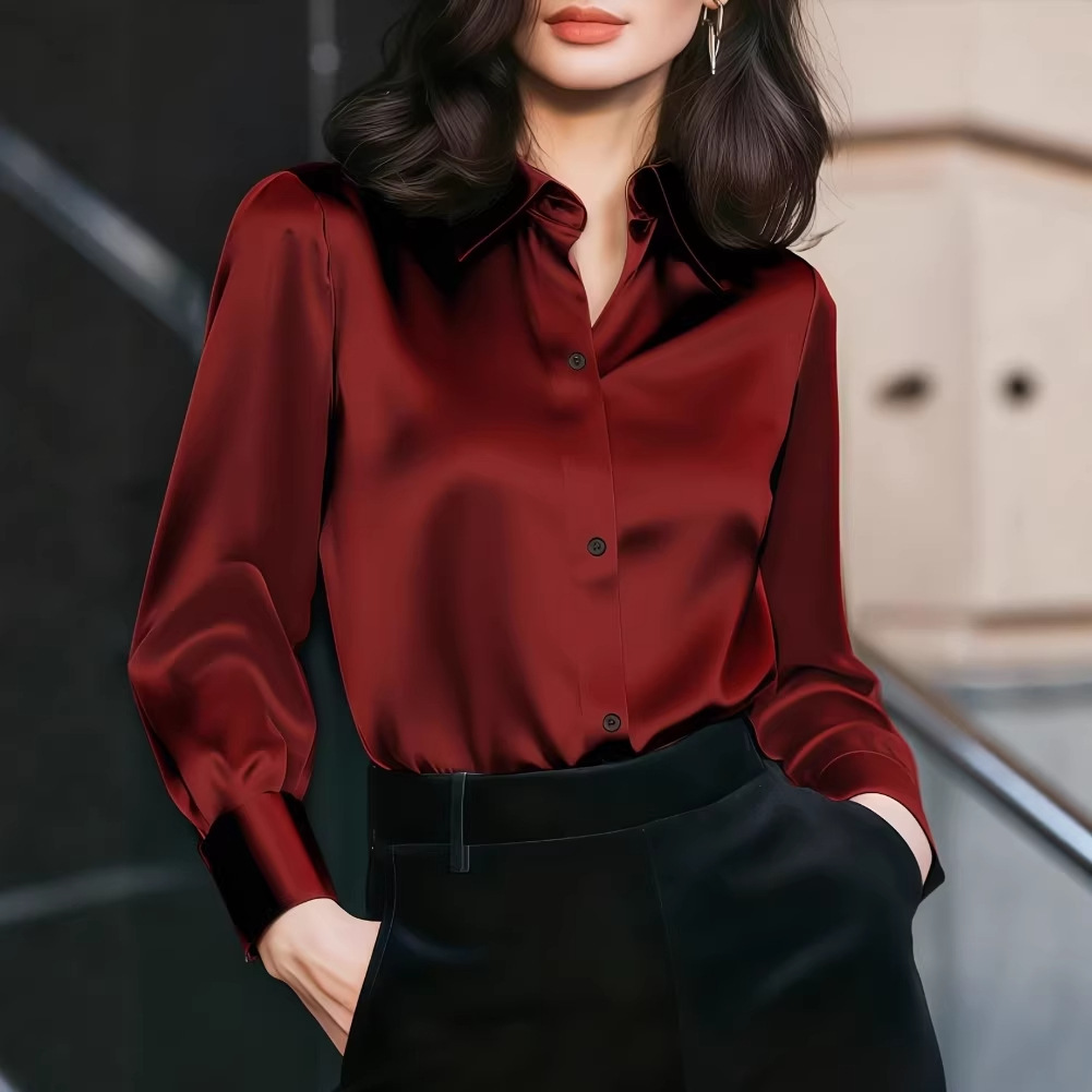 Women Formal Wear Shirts - Женская блузка из сатина с лацканами,