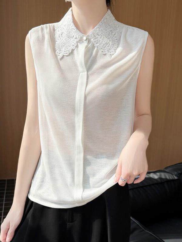 Women Formal Wear Shirts - Женская вязаная безрукавка с кружевной отделкой,